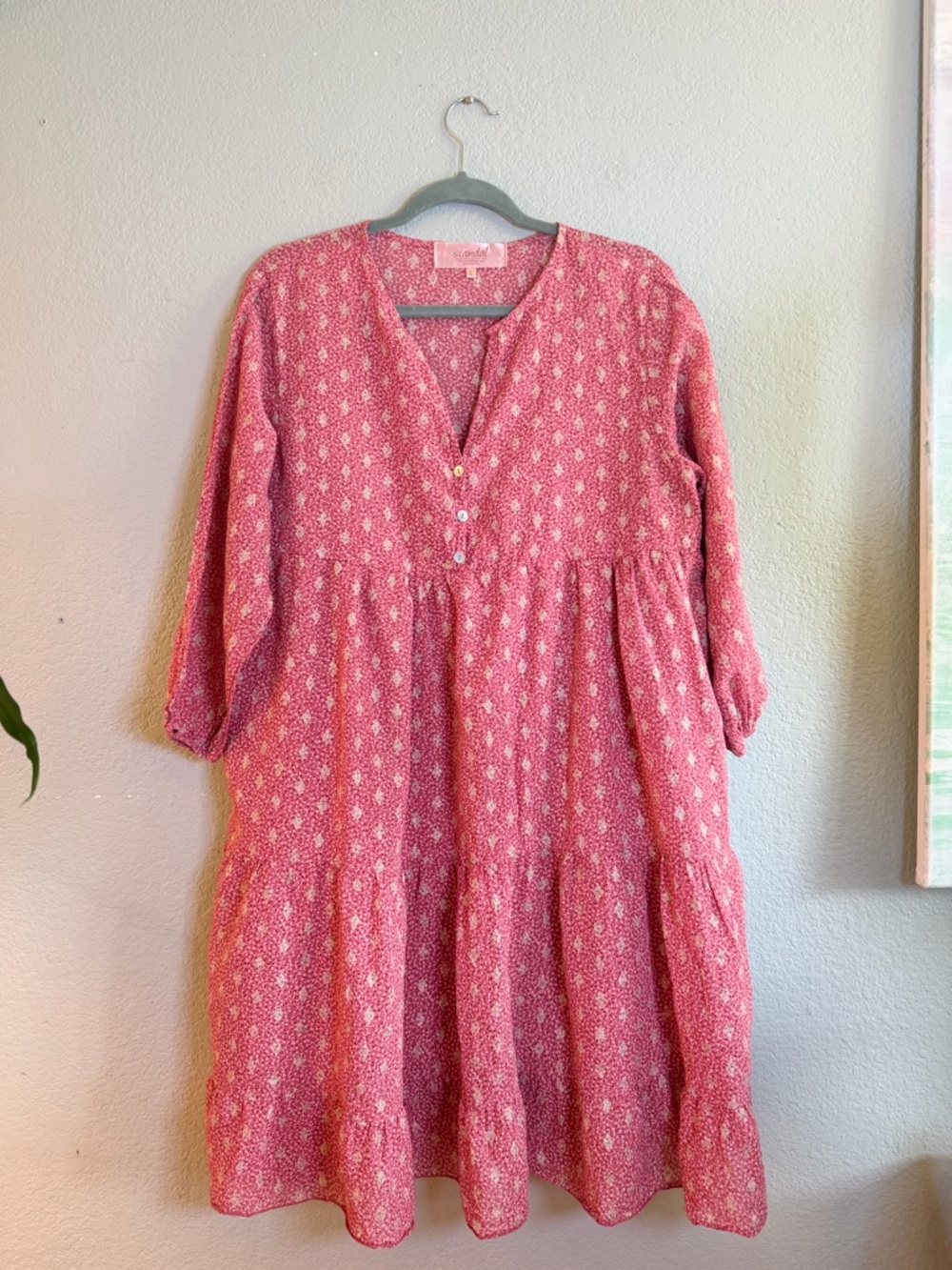 Scandal Ordell Cotton Pink Gold Bohemian Tiered Balloon Sleeve V-neck Dress L